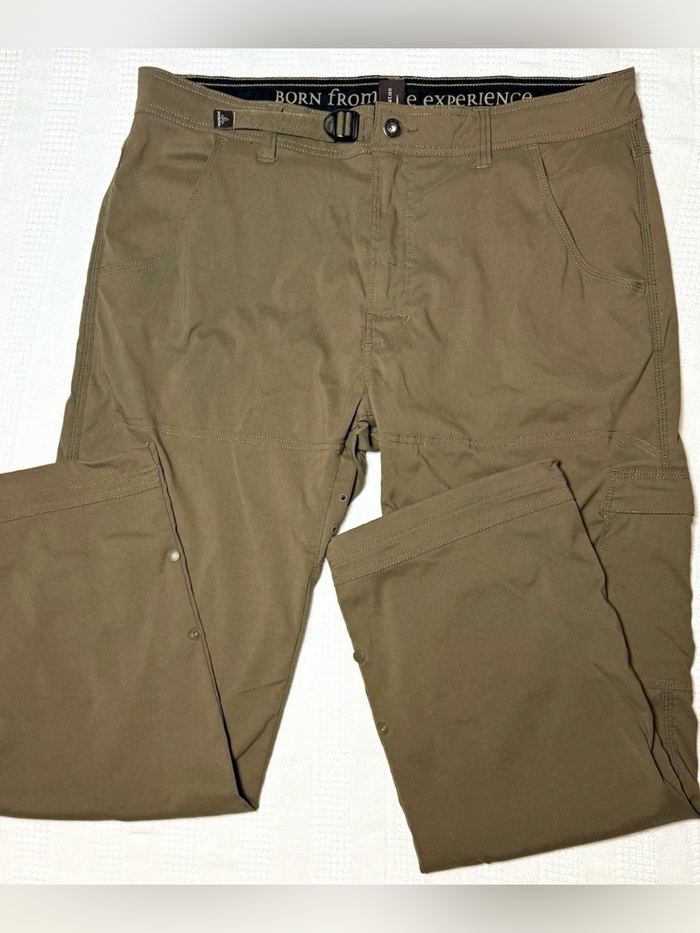 prAna Men's Stretch Zion Hiking Pants 36x32 Tan Brown Cargo Roll-Up Belted